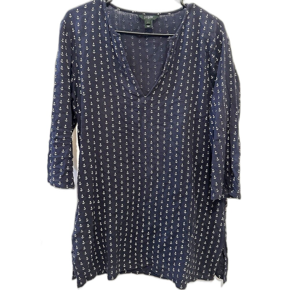 J Crew Women’s Tunic Top Anchor Print Blue Navy Split Neck 3/4 Sleeve Size S